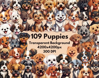 Può includere: Illustrazione digitale con 109 cuccioli di cartoni animati di varie razze e colori, tra cui marrone, nero, bianco e grigio. L'immagine include il testo: "109 Puppies, Transparent Background, 4200x4200px, 300 DPI."