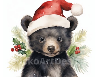 20 American Black Bear Watercolor Christmas Clipart PNG Images, Cute Bear, Xmas Cards, Christmas Crafts and Decor, Cute Black Bear