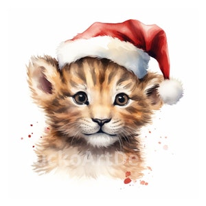20 imágenes PNG de imágenes prediseñadas de Navidad de acuarela de león bebé, paquete de león bebé, safari de Navidad, león de feliz Navidad, león bebé lindo