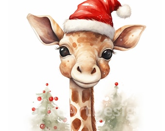 20 Jirafa Acuarela Navidad Clipart PNG Imágenes, Jirafa con sombrero de Santa, Safari de Navidad, Feliz Navidad Jirafa, Jirafa Linda