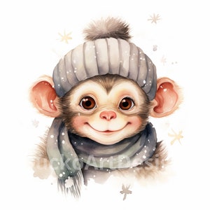 20 immagini PNG clipart di Natale dell'acquerello di scimmietta, ritratto di scimmietta, safari di Natale, scimmia di buon Natale, scimmietta carina