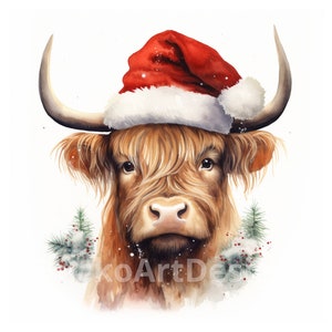 20 Highland Cow aquarel kerst clipart PNG-afbeeldingen, Highland Cow bundel, kerstkaarten, Merry Christmas koe, schattige Highland koe