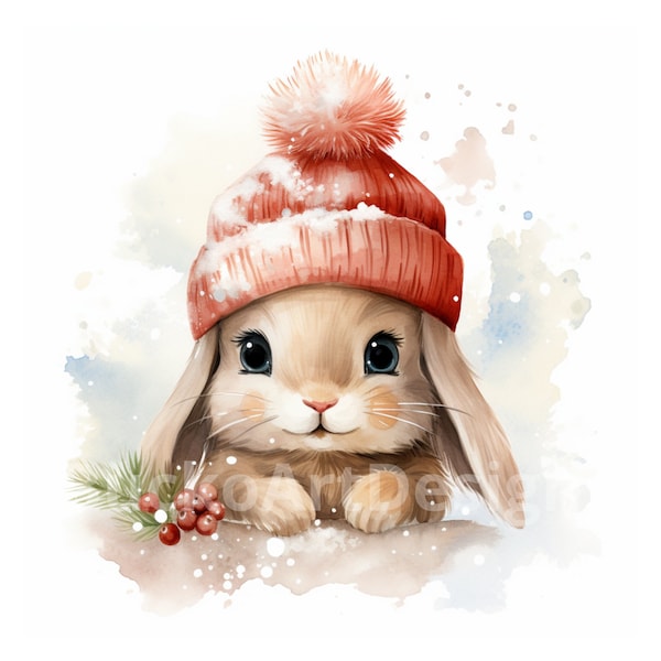 20 Rabbit Watercolor Christmas PNG Clipart Bundle, Cute Bunny, Winter Bunny, Christmas Crafts and Decor, Xmas Rabbit, Card Making