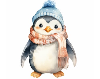20 imágenes PNG de imágenes prediseñadas de pingüino navideño de acuarela, artesanía de papel digital, animal de invierno, artesanías y decoración navideñas, pingüino lindo, paquete PNG