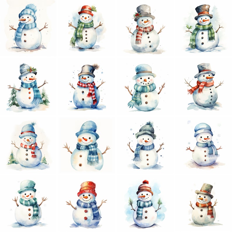 Puede incluir: Una colecci&oacute;n de 16 ilustraciones de acuarela de mu&ntilde;ecos de nieve con varios sombreros, bufandas y accesorios. Los mu&ntilde;ecos de nieve son todos sonrientes y tienen un aire caprichoso y festivo.
