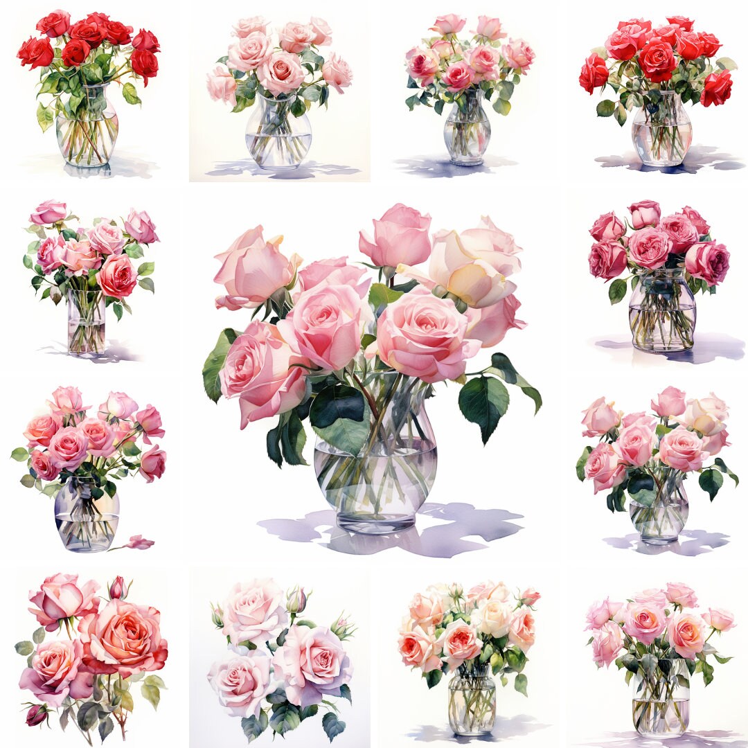 20 Roses in Glass Vase Watercolor PNG Images, Rose Floral Bouquets ...