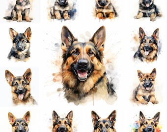 20 German Shepherd Dog and Puppy Watercolor Clipart PNG Images, German Shepherd puppy, German Shepherd Breed, Pet Portrait