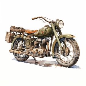 20 immagini PNG clipart acquerello moto della seconda guerra mondiale, moto d'epoca, bici da guerra storica, moto da guerra vintage, moto dell'esercito della seconda guerra mondiale