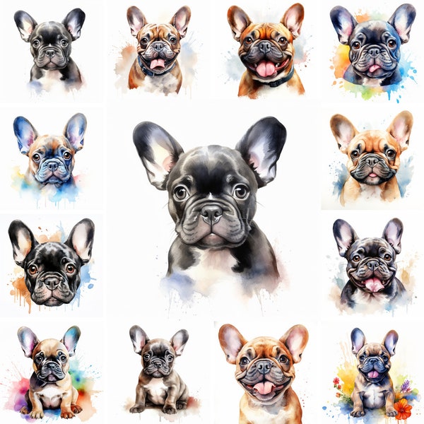 20 French Bulldog Dog and Puppy Watercolor Clipart PNG Images, French Bulldog puppy, French Bulldog Breed, Cute Bulldog puppies Pet Portrait