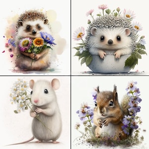 Cute Animals Clipart Bundle - 45 Images PNG de haute qualité - Téléchargement numérique, Fabrication de cartes, Souris Écureuils Hérissons, Utilisation commerciale