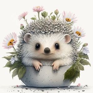 Mignon hérissons Clipart - 15 images PNG de haute qualité Téléchargement numérique, Artisanat numérique, Fabrication de cartes, Hérisson avec des fleurs, Utilisation commerciale