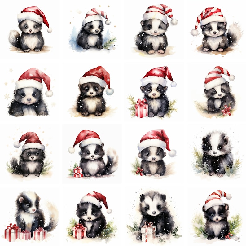 20 Skunks Watercolor Christmas Clipart PNG Images, Cute Skunk, Xmas