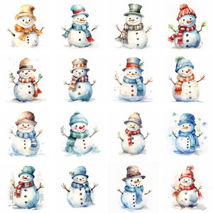 Puede incluir: Una colecci&oacute;n de 16 ilustraciones de acuarela de mu&ntilde;ecos de nieve con varios sombreros, bufandas y accesorios. Los mu&ntilde;ecos de nieve son todos sonrientes y tienen un aire caprichoso y festivo.
