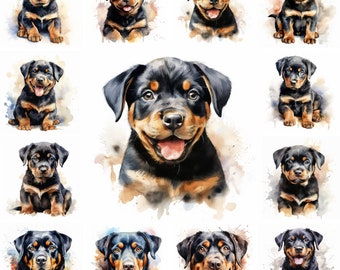 May include: A collection of twelve watercolor paintings of Rottweiler puppies in various poses. The puppies are depicted with brown and black fur, and some are smiling.