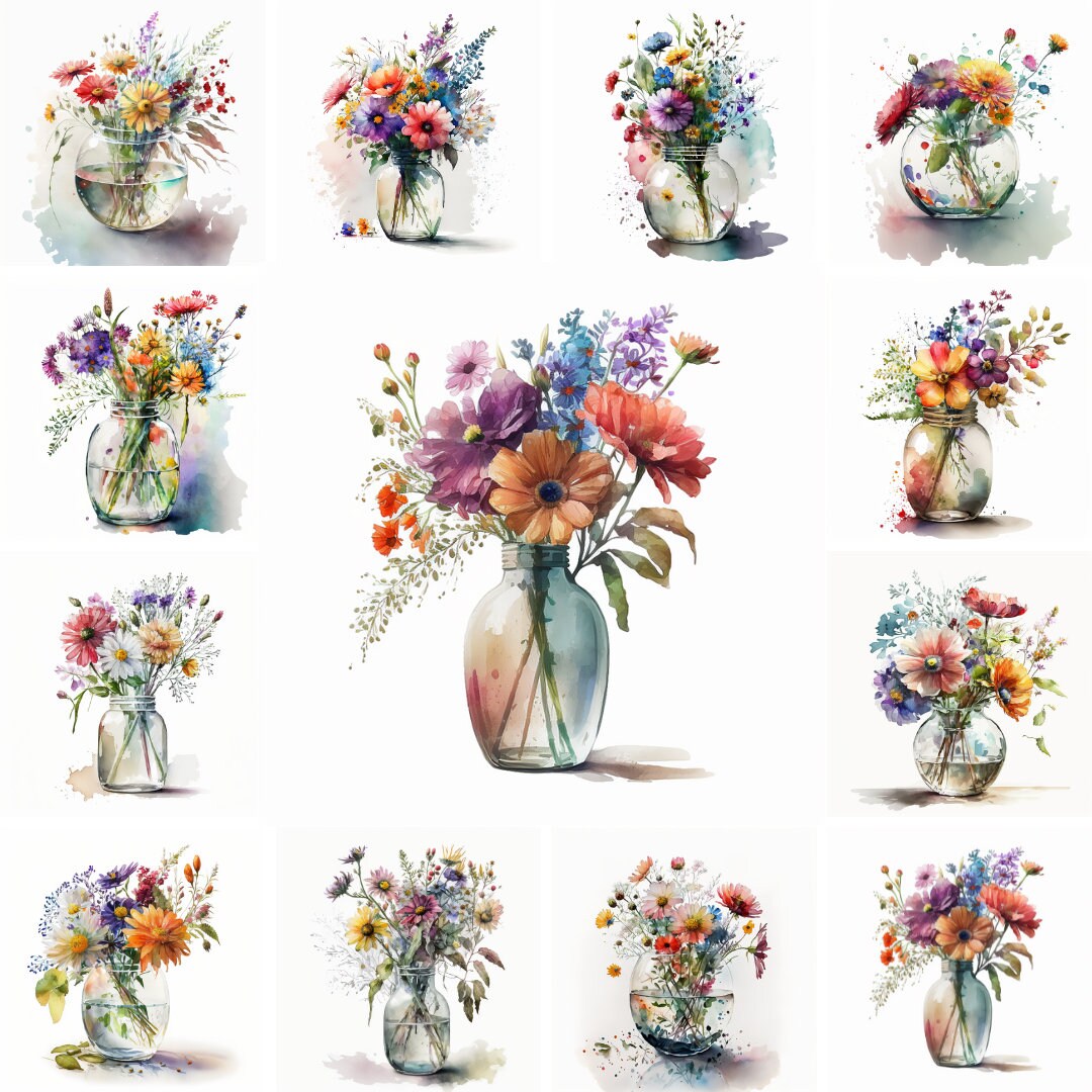 20 Glass Vase of Flowers Watercolor High Quality PNG Images Digital ...