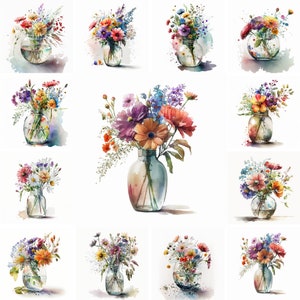 20 vaso de flores de vidro aquarela imagens PNG de alta qualidade download digital buquês de flores, arte botânica, artesanato em papel, uso comercial