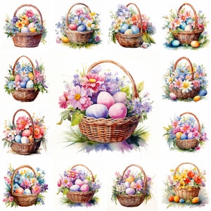 20 Ostern Korb Aquarell Clipart PNG Bilder, Ostereier PNG, Frühlingsblumen Clipart, Junk Journal, digitales Handwerk, Osterblumen