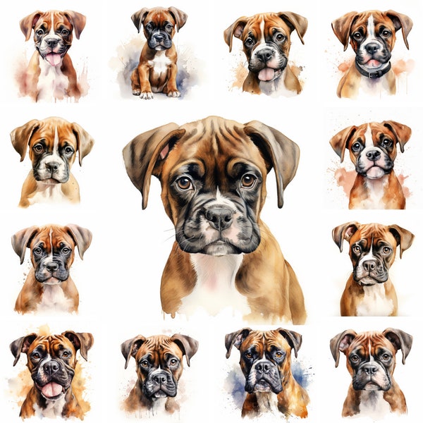 20 Boxer Dog and Puppy Watercolor Clipart PNG Images, Boxer Puppy, Boxer Breed, Cute Puppies, Dog Portrait, Dog Illustration Images