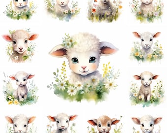 20 Lambs Watercolor Easter Clipart PNG Images, Easter Baby Sheep PNG, Lamb Clipart, Cute Lamb, Easter Animal, Easter Flowers