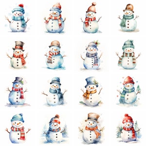 Puede incluir: Una colecci&oacute;n de 16 ilustraciones de acuarela de mu&ntilde;ecos de nieve con varios sombreros, bufandas y accesorios. Los mu&ntilde;ecos de nieve son todos sonrientes y tienen una apariencia amigable.