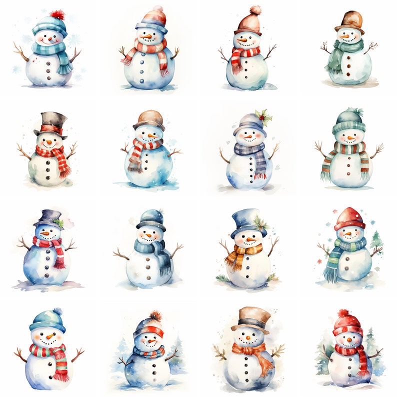 Puede incluir: Una colecci&oacute;n de 16 ilustraciones de acuarela de mu&ntilde;ecos de nieve con varios sombreros, bufandas y accesorios. Los mu&ntilde;ecos de nieve son todos sonrientes y tienen una apariencia amigable.