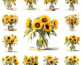 Könnte beinhalten: Eine Sammlung von 12 Aquarellen mit Sonnenblumen in verschiedenen Arrangements in klaren Glasvasen. Die Sonnenblumen sind in Gelb- und Grüntönen dargestellt, einige haben braune Zentren.