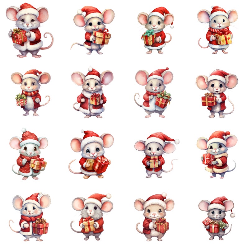 20 Watercolor Christmas Mouse Clipart PNG Images, Mouse is Santa, Cute