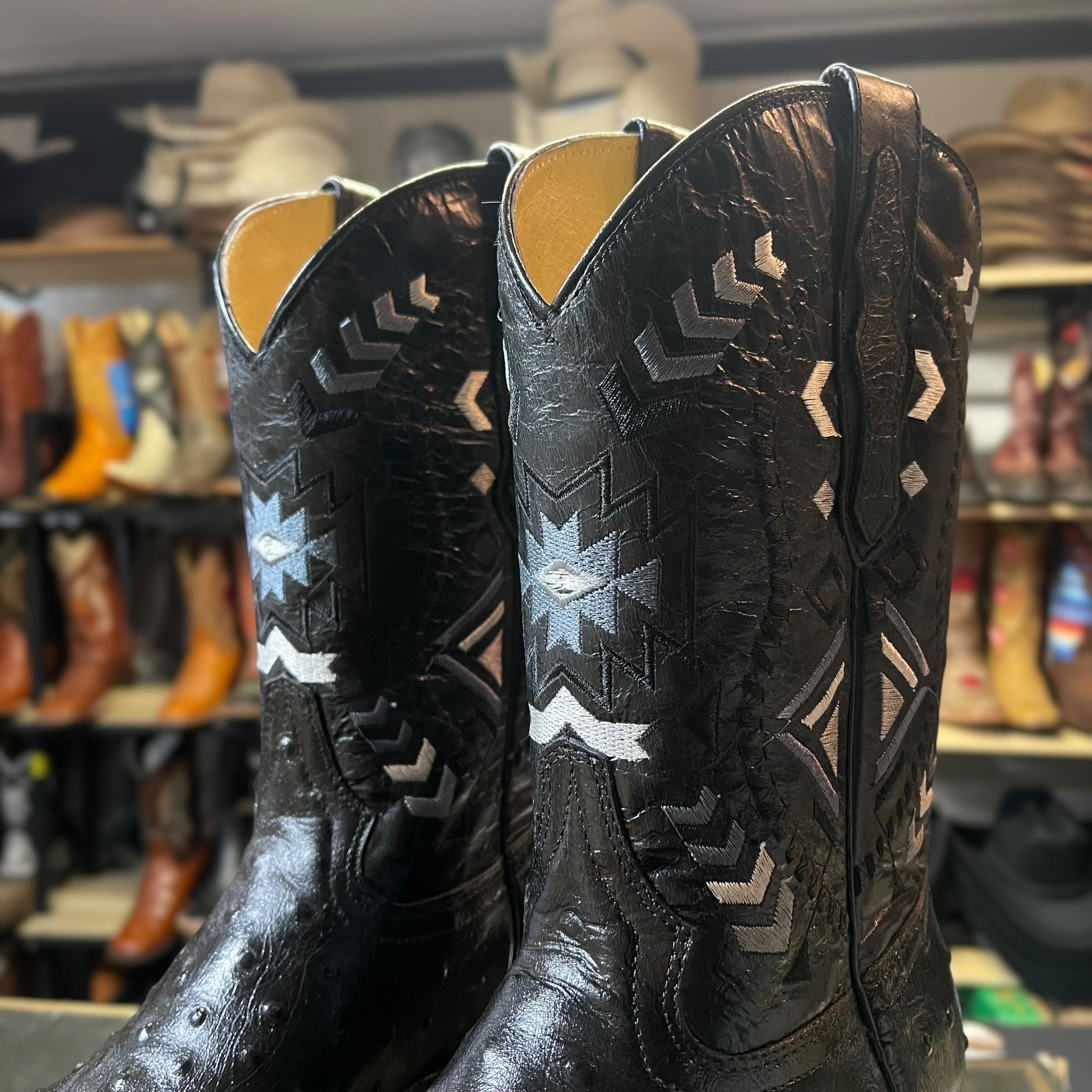 ALL-BLACK Ostrich Skin Cowboy Boots. Square Toe Western 
