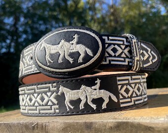 Vintage Horse Jockey belt western Native Belt Buckle cowboy Aztec 1”leather24,26 Vintage horse jockey belt - Gem main image 4