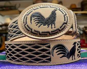 メンズ ウエスタンレザー ルースター ガロ刺繍レザーベルトとバックル