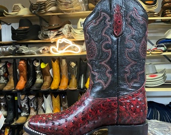 Ostrich Leather Square Toe Boots. Men’s Western Cowboy Boots. Bota De Hombre Con Piel Avestruz. Bota Vaquera De Punta Cuadrada.