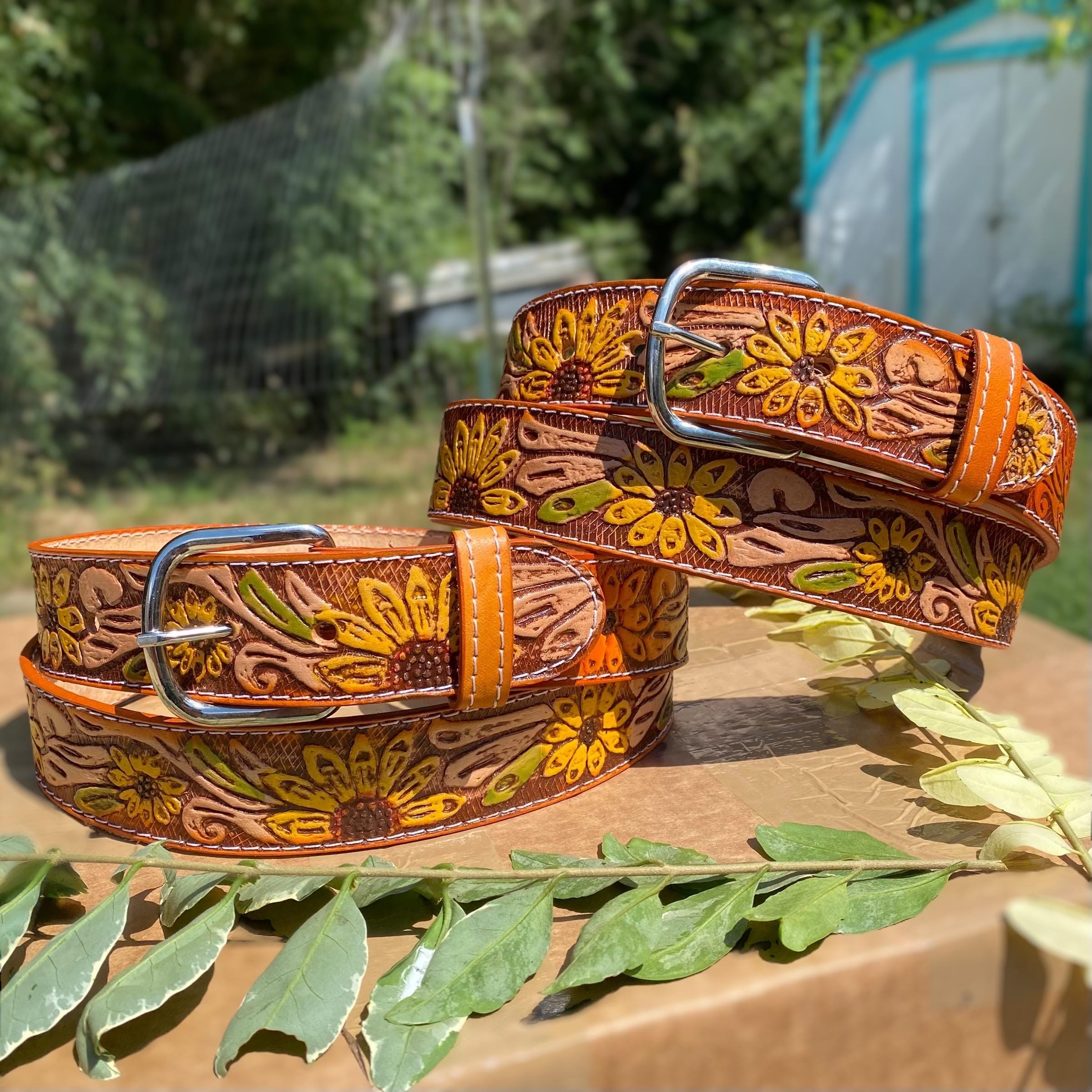 Woman's Sunflower Leather Belt. Yellow Cowboy Belt. Woman's