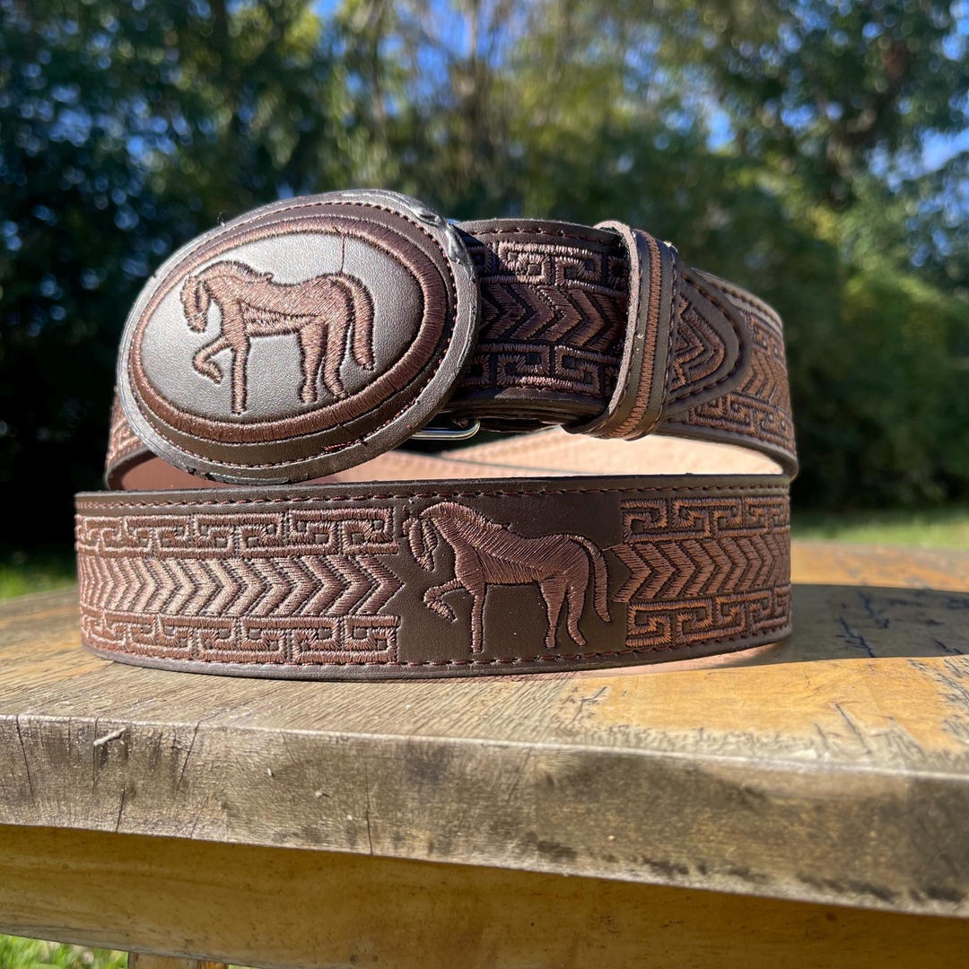 Brown Embroidered Cowboy Belt. Men display picture 3