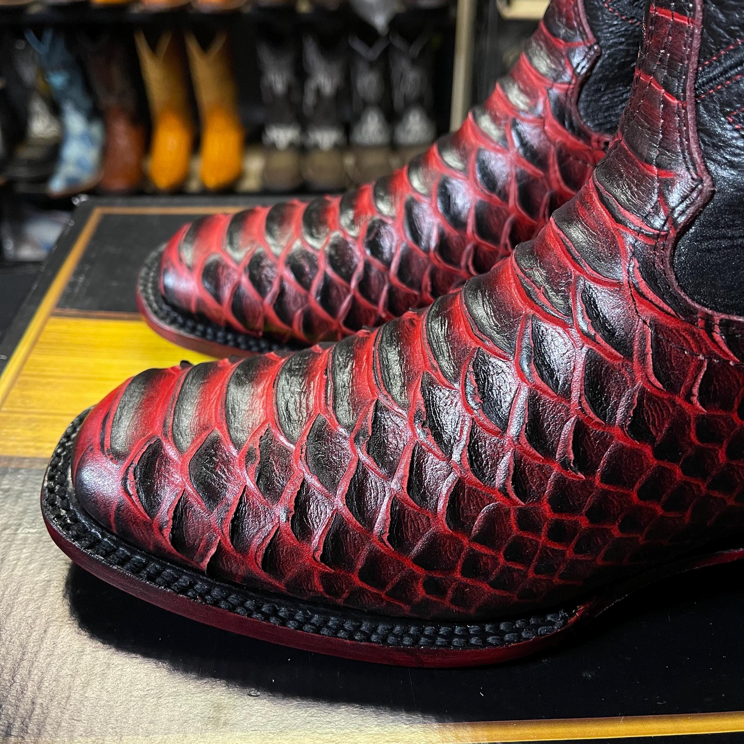 RED PYTHON SNAKE Skin Boots. Men’s Square Toe Cowboy Boots. Black ...