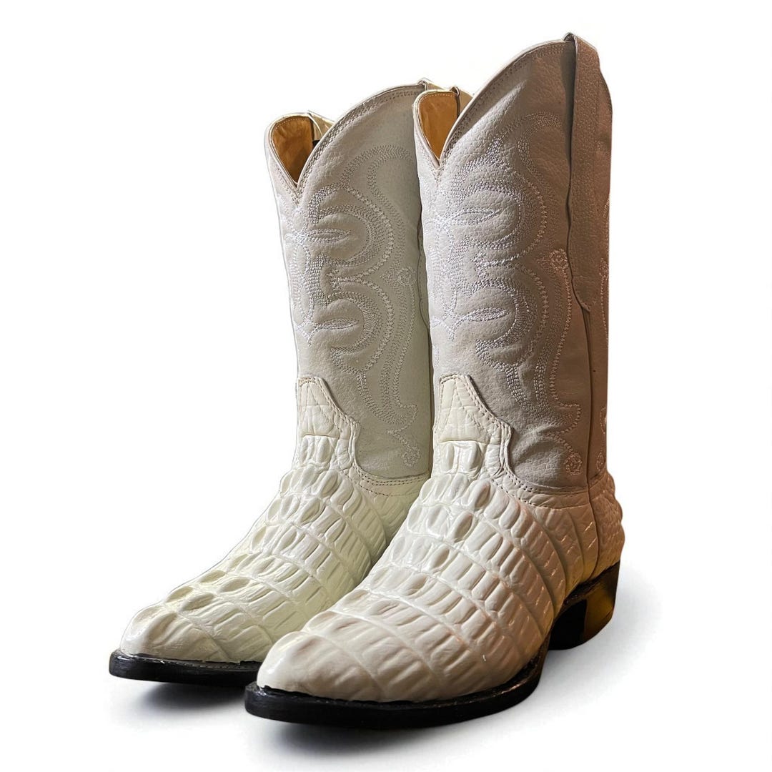 Men's White Caiman Cowboy Boots. Alligator Skin Western Boots