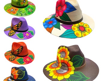 Sombrero artesanal mexicano pintado a mano para mujer. Sombrero floral pintado a mano de mujer. Sombrero Mexicano Flor de Mujer. Sombrero Para Mujer Hecho A Mano.