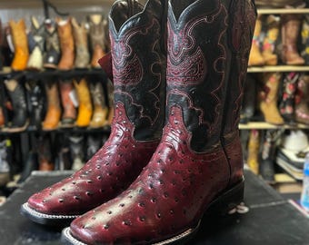Herren Kirschrote Straußenleder Stiefel. Herren Western Cowboy Boots. Platz Toe Straußenleder Stiefel. Botas De Piel Avestruz. Bota Vaquero De Piel