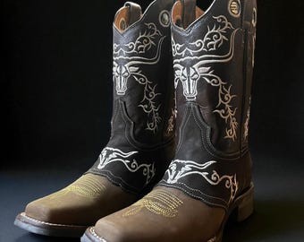 Men’s Embroidered Cowboy Boots. Rodeo Western Boots for Men. Brown Grain Leather Cowboy Boots. Men’s Square Toe Boots. Bota Vaquero De Piel.