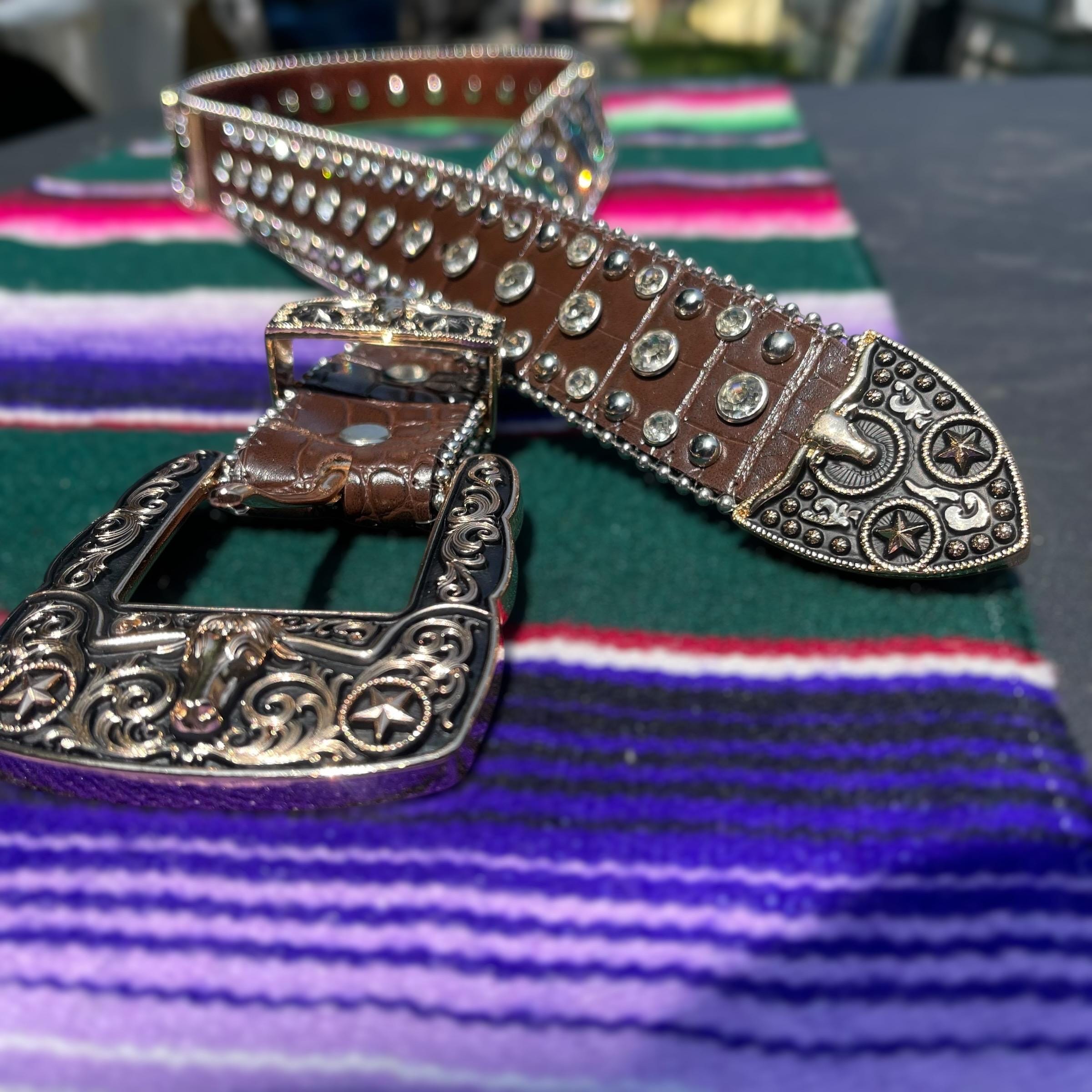Brown Rhinestone Western Belt. Unisex Bling Cowboy Belt