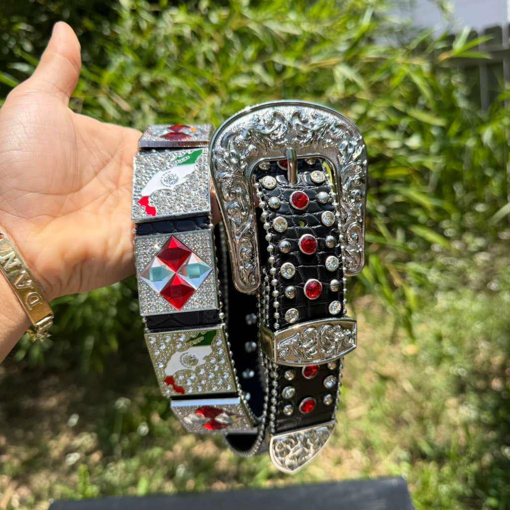 Mexico Flag Cowboy Belt. Unisex White Rhinestone Belt. Western