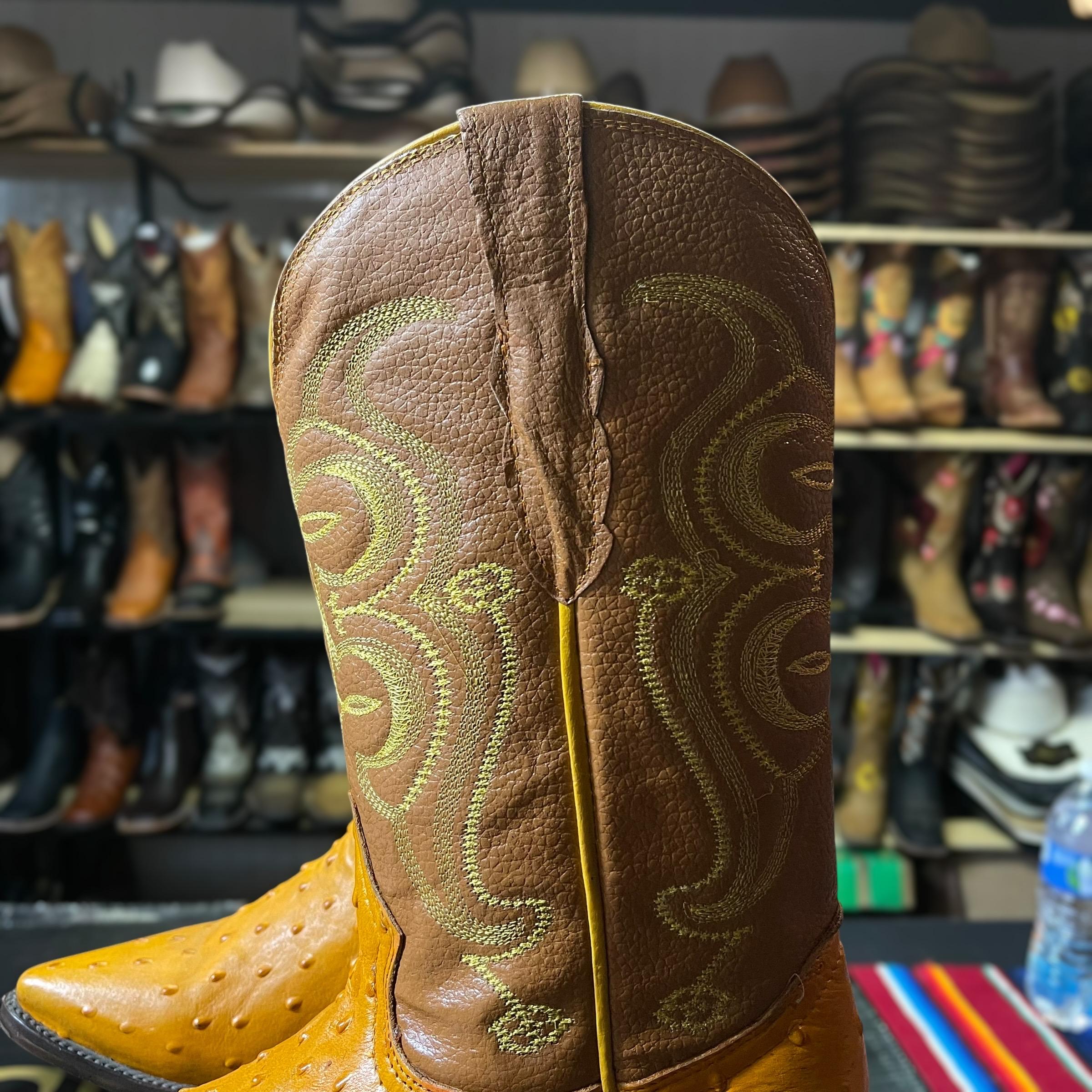 Men's Ostrich Skin Cowboy Boots. Yellow Cognac Leather Boots