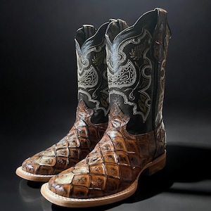 Men’s Piracucu Fish Skin Boots. Men’s Western Cowboy Boots. Brown Leather Boots for Men. Square Toe Cowboy Boots. Botas De Piel Pescado.