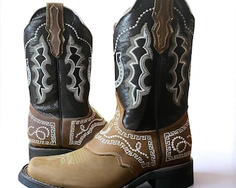 Men’s Western Embroidered Boots. Mexican Embroidery Cowboy Boots. Brown Leather Boots Men. Square Toe Rodeo Boots. Bota Vaquera De Hombre.
