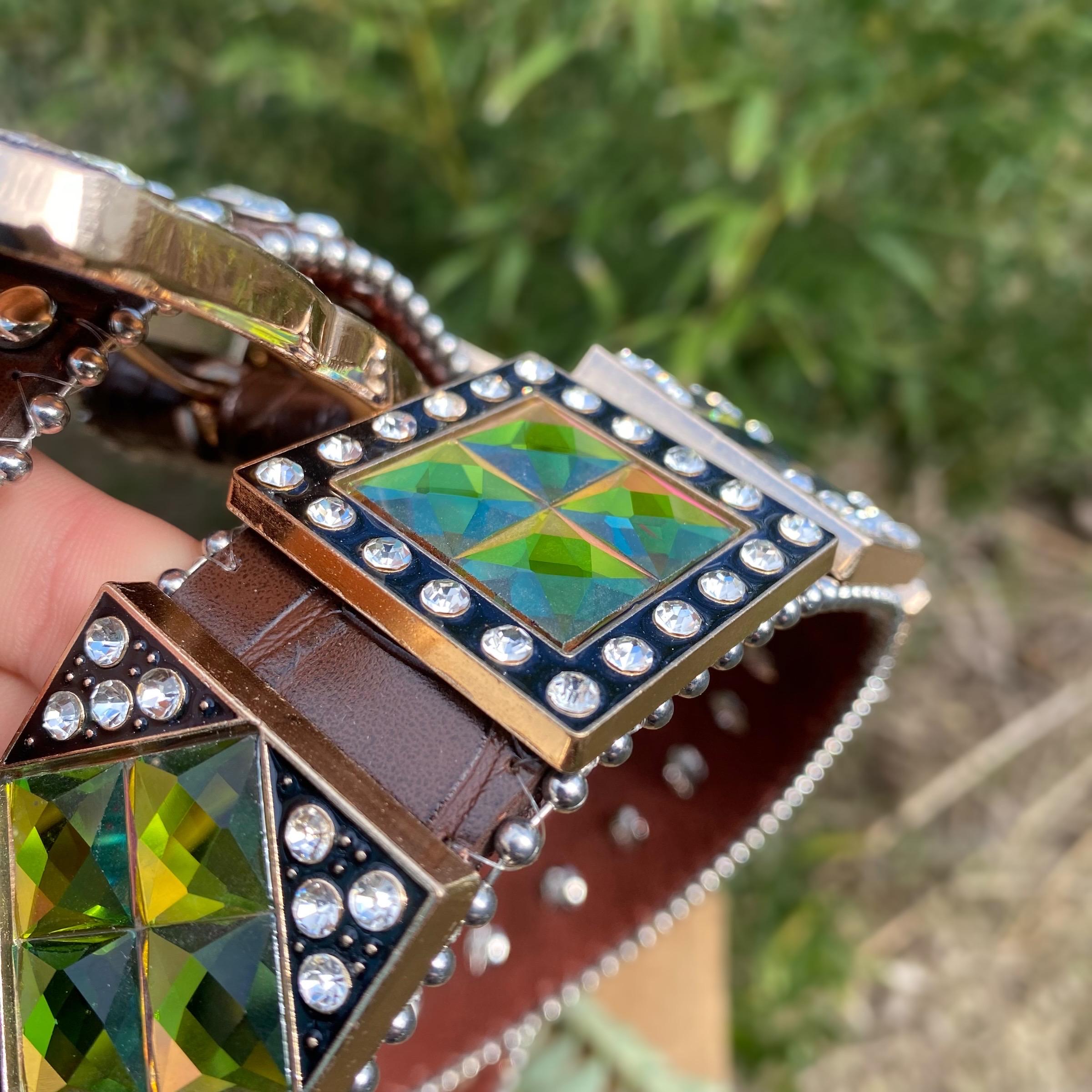 Rhinestone Ring Belt with Italian smooth leather Links size 34” L x rings 2” W Studded Italian Leather Belt 34 36 L Bling Rhinestone Flower  main image 2