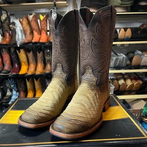 May include: A pair of brown and tan cowboy boots with a textured pattern on the lower section and a smooth, dark brown upper. The boots have a pointed toe and a stacked heel. Other boots are visible in the background.