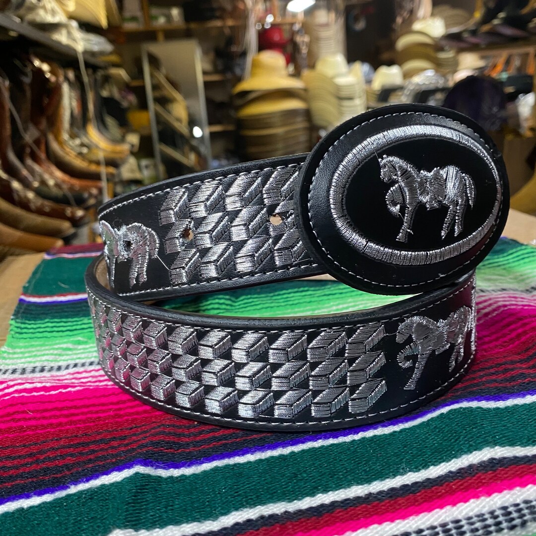 Platinum Embroidered Belt. Cowboy Western Belt. Genuine Leather