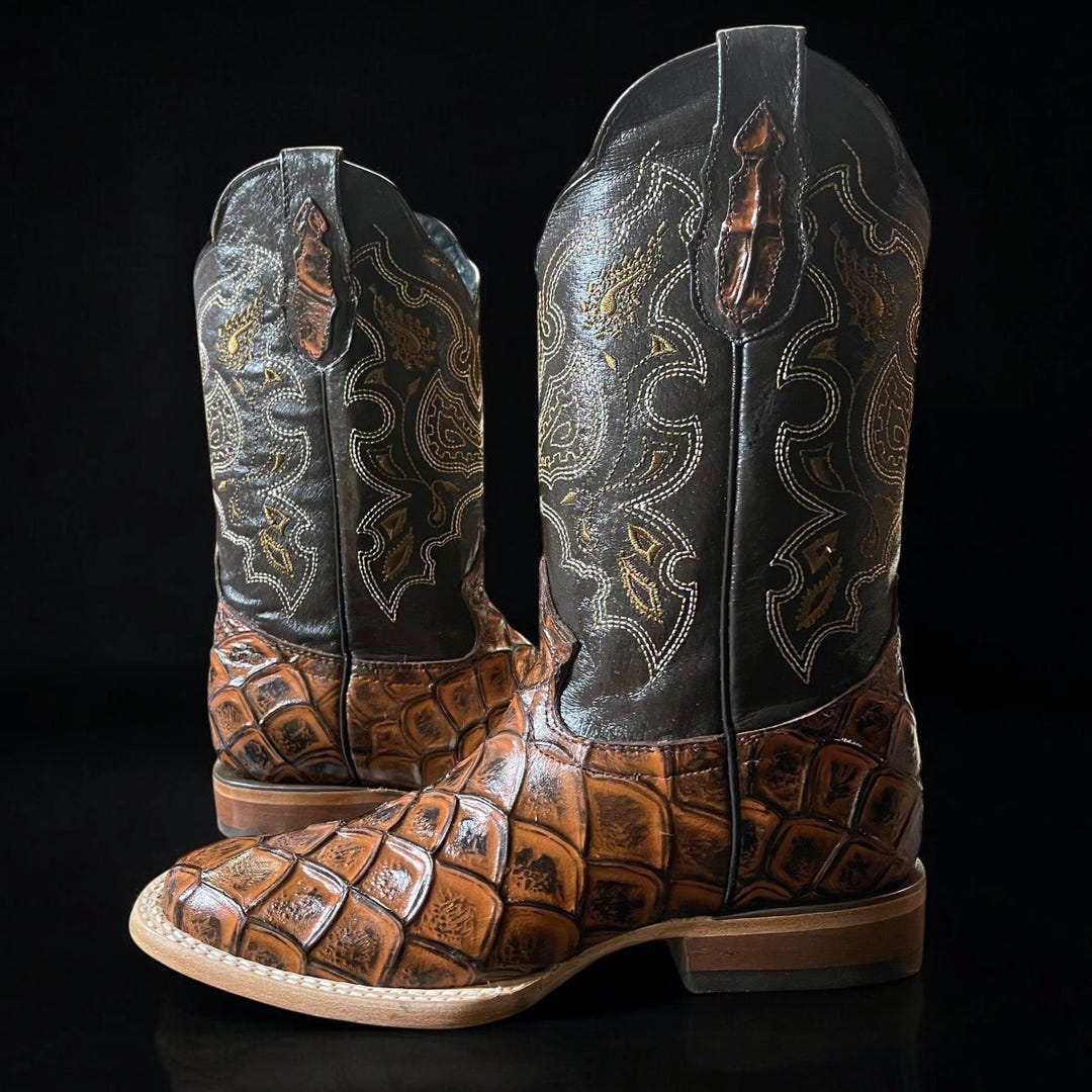 Piracucu Fish Skin Cowboy Boots. Men’s Brown Leather Boots. Western ...