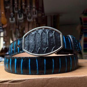 Men's Black Leather Belt. Blue Python Skin Belt. Western Style Cowboy Belt. Round Buckle Belt For Men. Cinto Vaquero. Cinto Pa Hombre