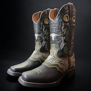 Men’s Cowboy Western Boots. Embroidered Rodeo Boots for Men. Genuine Leather Boots. Square Toe Boots. Bota Vaquera De Hombre.