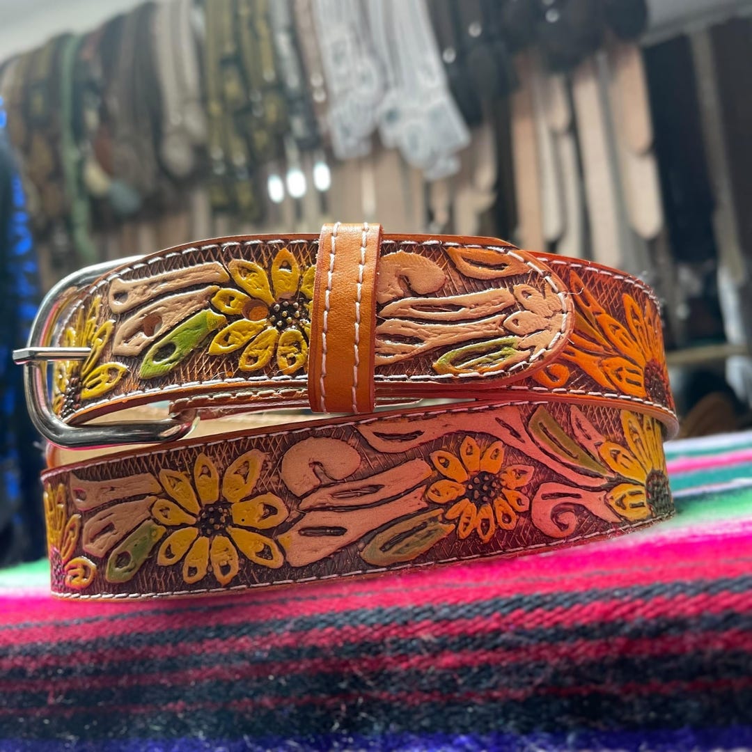 Sunflower Tooled Leather Belt Bar H Equine Sunflower Hand  display picture 1